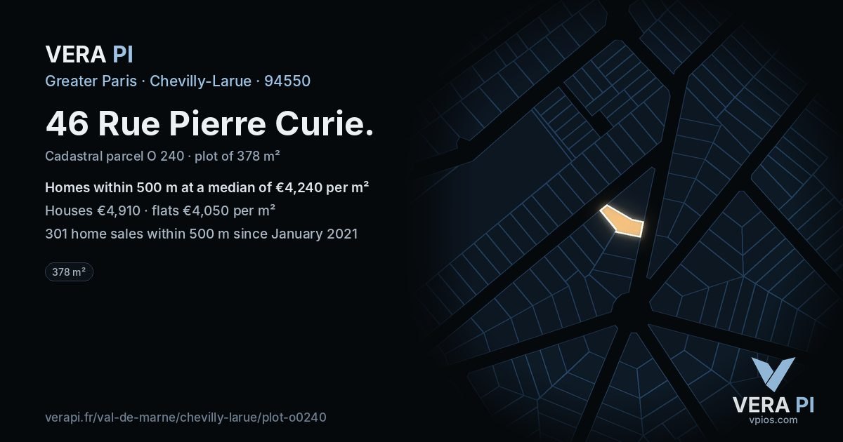 46 Rue Pierre Curie, Chevilly-Larue at night – the plot lit, the parcels around coloured by the prices near them