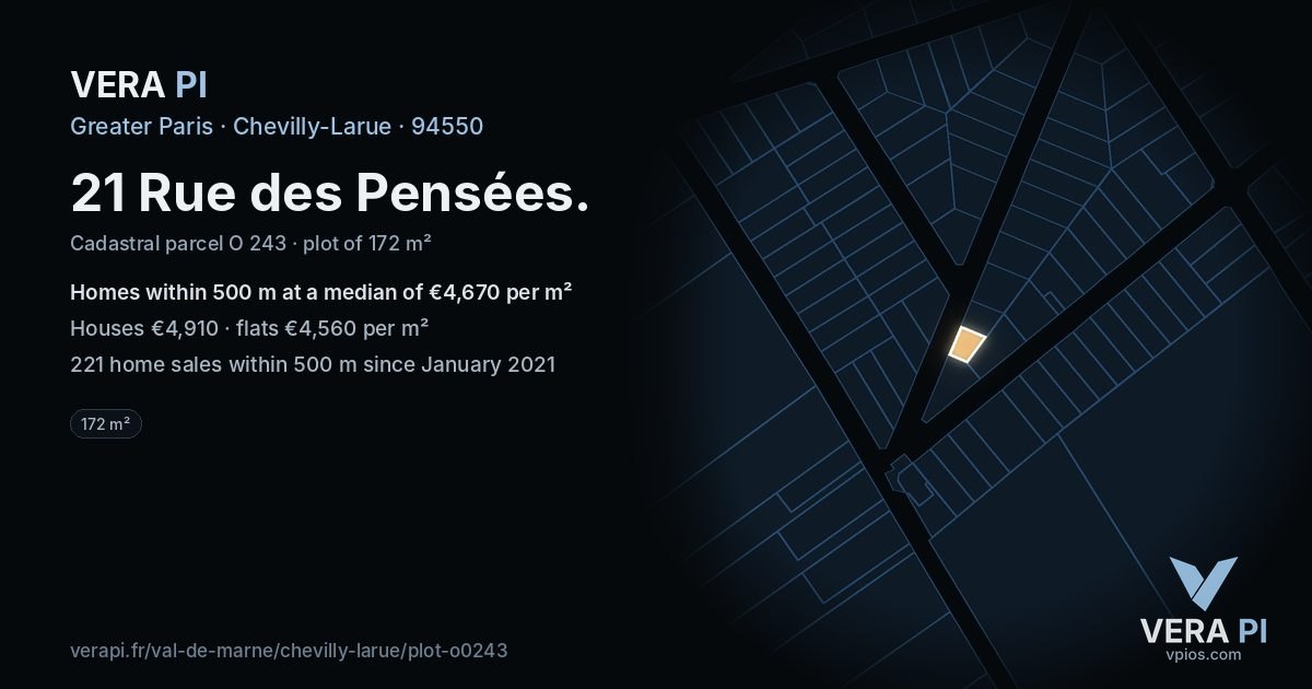 21 Rue des Pensées, Chevilly-Larue at night – the plot lit, the parcels around coloured by the prices near them