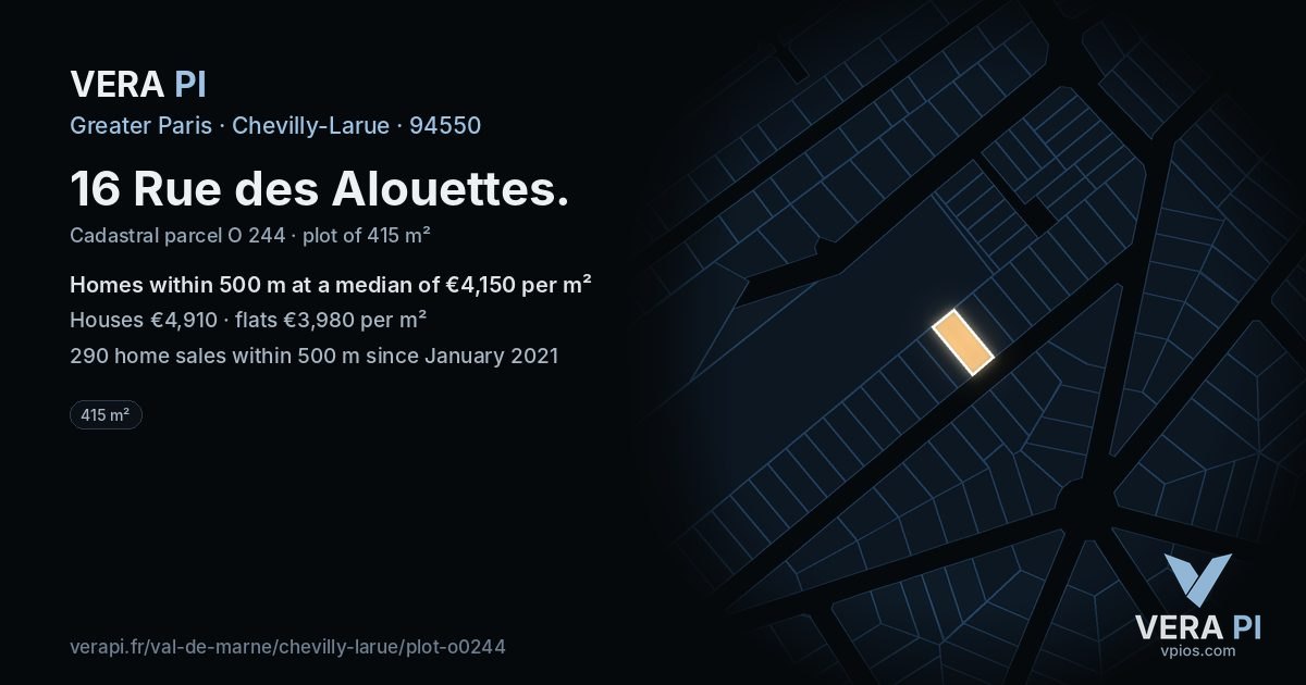 16 Rue des Alouettes, Chevilly-Larue at night – the plot lit, the parcels around coloured by the prices near them