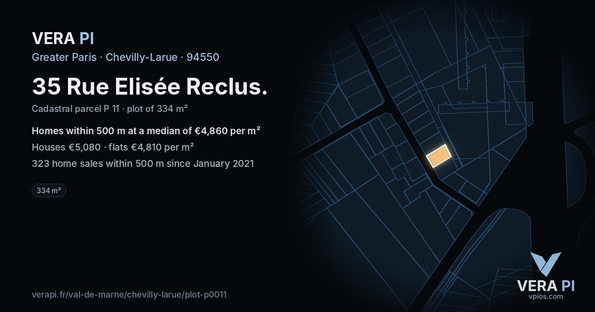 35 Rue Elisée Reclus, Chevilly-Larue at night – the plot lit, the parcels around coloured by the prices near them