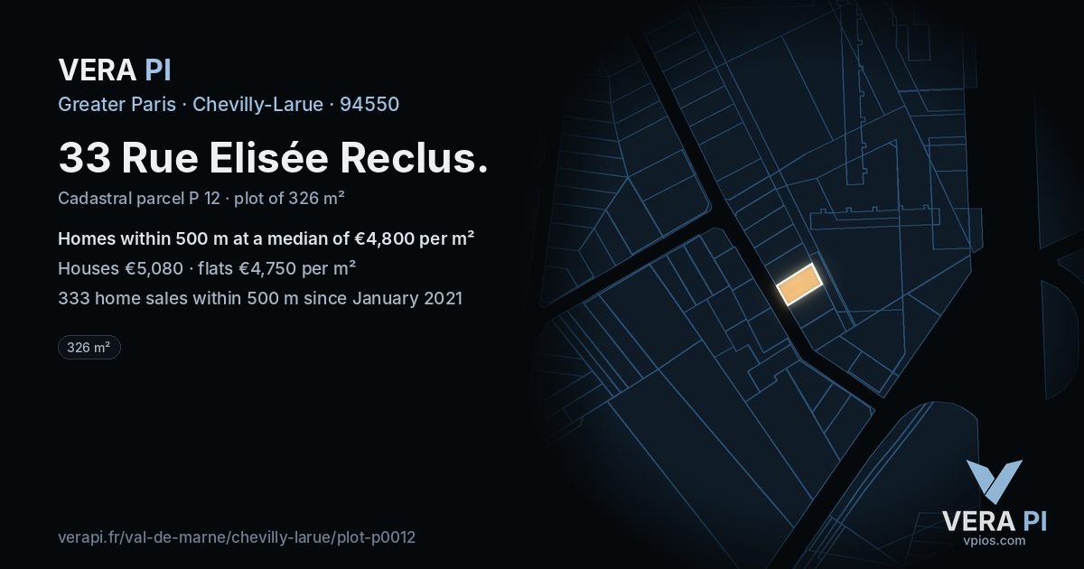 33 Rue Elisée Reclus, Chevilly-Larue at night – the plot lit, the parcels around coloured by the prices near them
