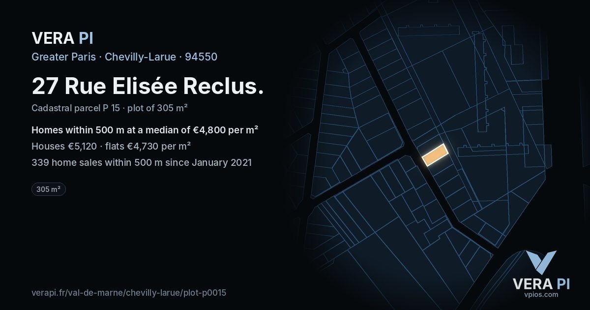 27 Rue Elisée Reclus, Chevilly-Larue at night – the plot lit, the parcels around coloured by the prices near them