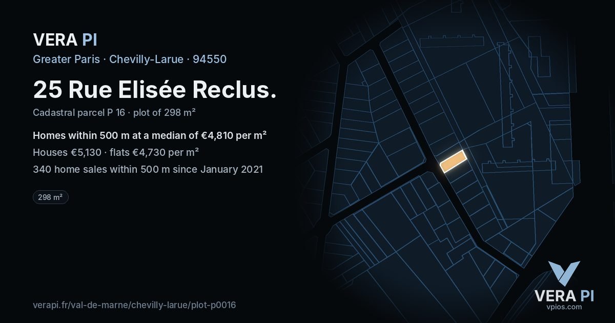 25 Rue Elisée Reclus, Chevilly-Larue at night – the plot lit, the parcels around coloured by the prices near them