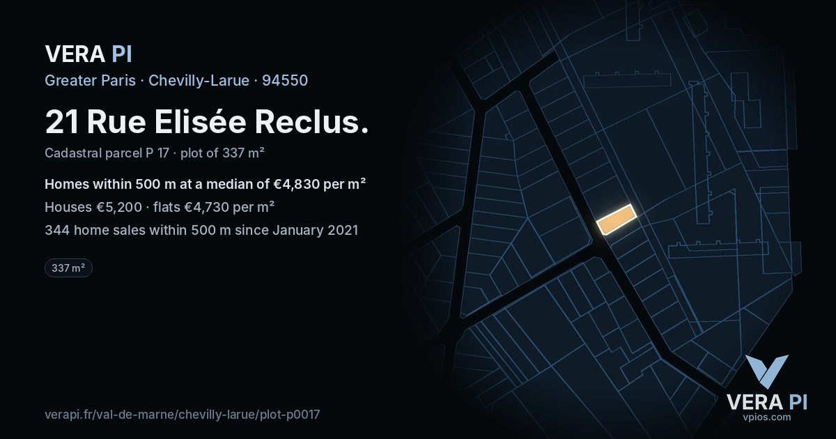 21 Rue Elisée Reclus, Chevilly-Larue at night – the plot lit, the parcels around coloured by the prices near them