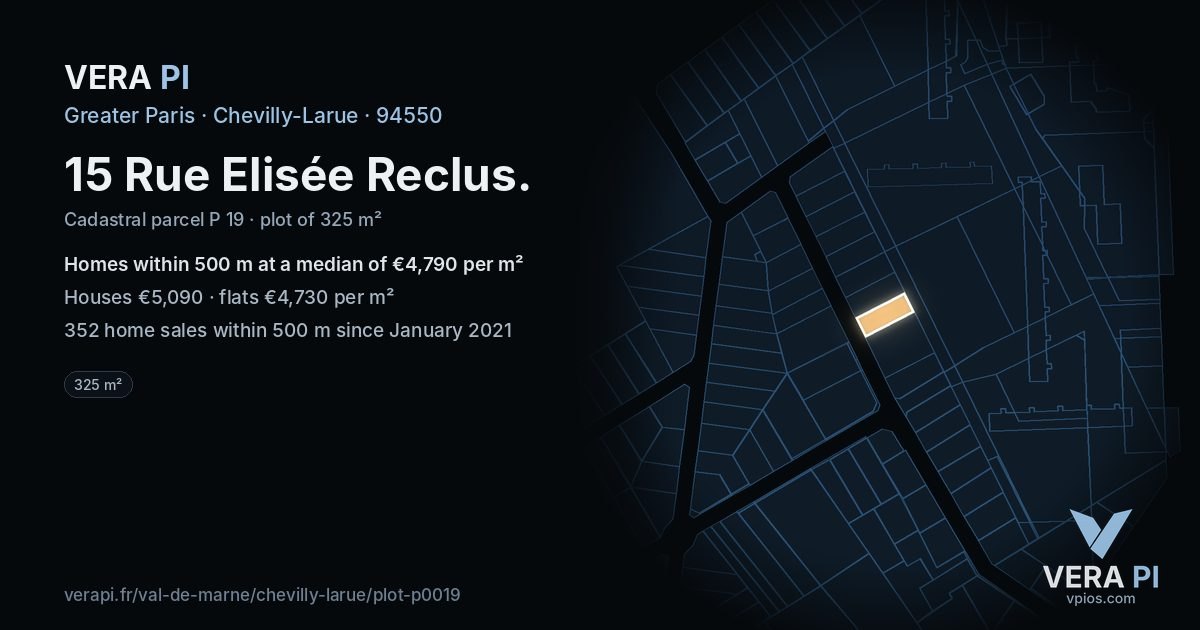 15 Rue Elisée Reclus, Chevilly-Larue at night – the plot lit, the parcels around coloured by the prices near them