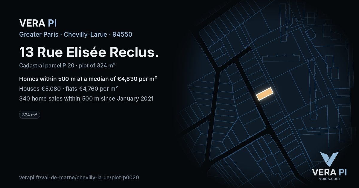 13 Rue Elisée Reclus, Chevilly-Larue at night – the plot lit, the parcels around coloured by the prices near them