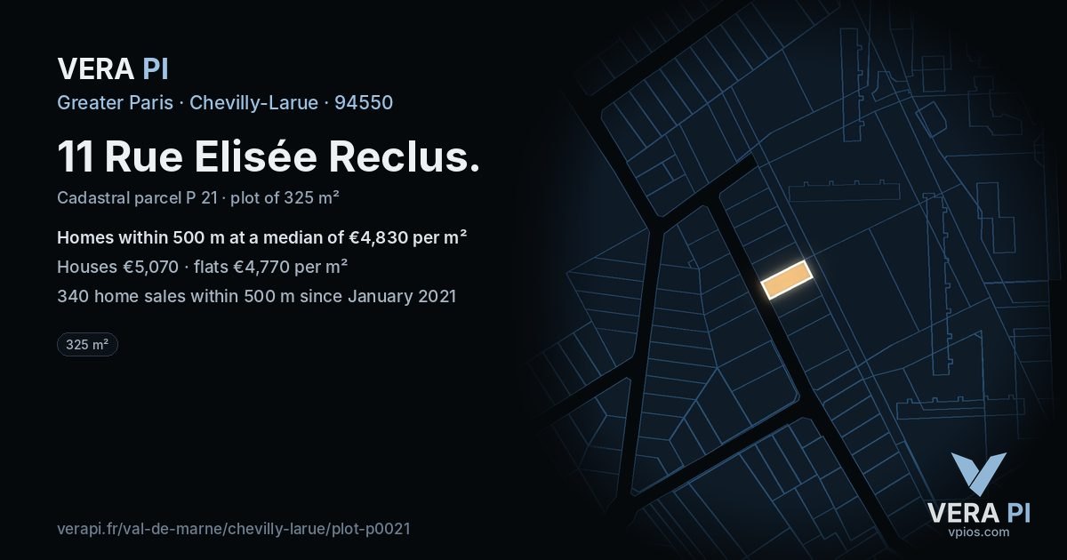 11 Rue Elisée Reclus, Chevilly-Larue at night – the plot lit, the parcels around coloured by the prices near them