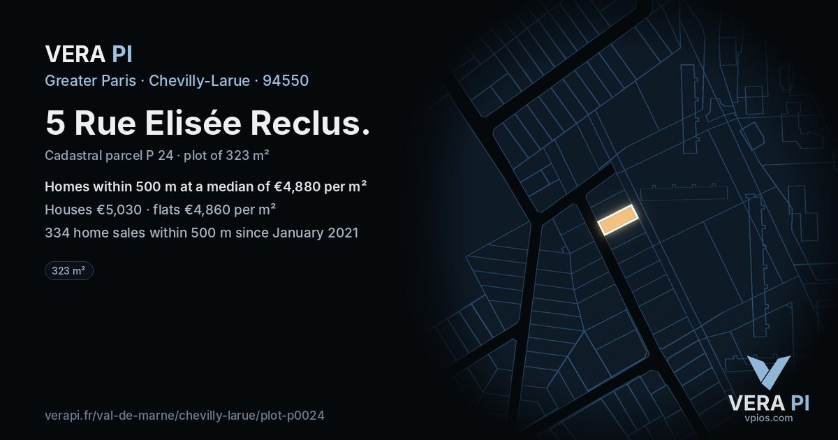 5 Rue Elisée Reclus, Chevilly-Larue at night – the plot lit, the parcels around coloured by the prices near them