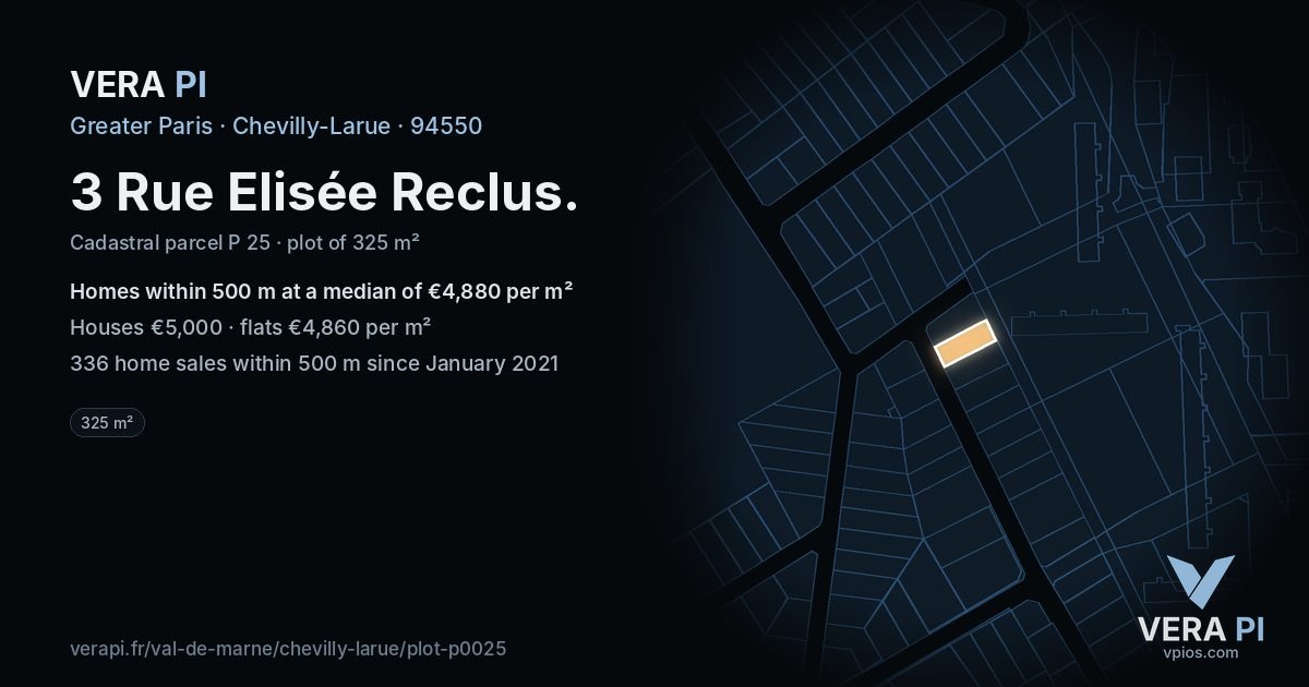 3 Rue Elisée Reclus, Chevilly-Larue at night – the plot lit, the parcels around coloured by the prices near them