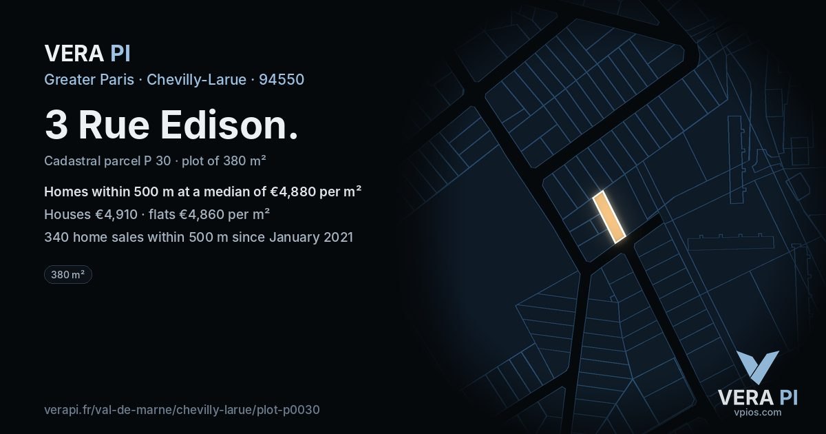 3 Rue Edison, Chevilly-Larue at night – the plot lit, the parcels around coloured by the prices near them