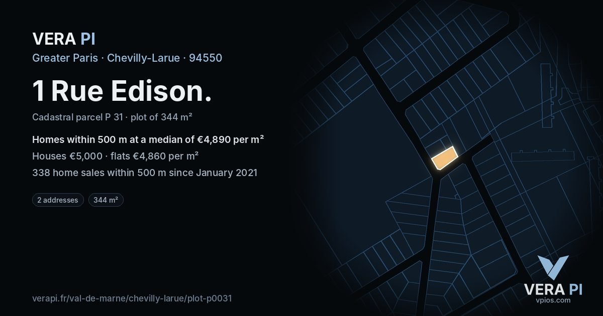1 Rue Edison, Chevilly-Larue at night – the plot lit, the parcels around coloured by the prices near them