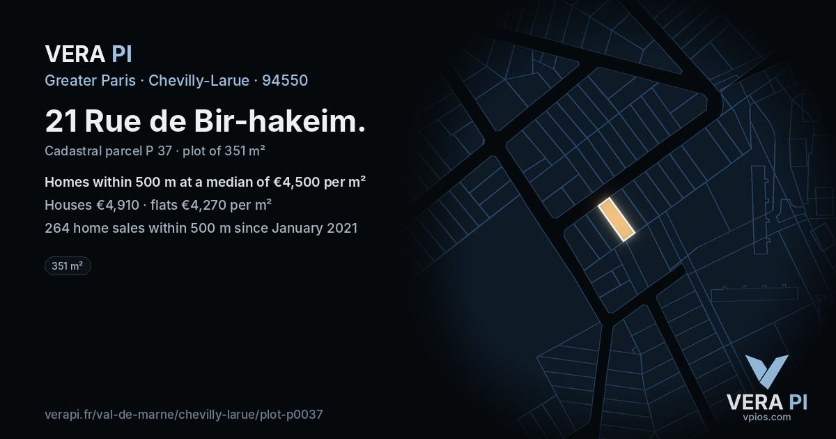 21 Rue de Bir-hakeim, Chevilly-Larue at night – the plot lit, the parcels around coloured by the prices near them