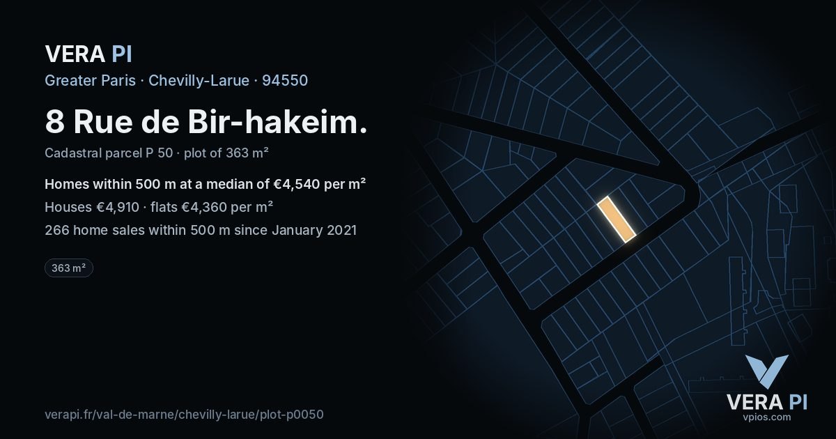 8 Rue de Bir-hakeim, Chevilly-Larue at night – the plot lit, the parcels around coloured by the prices near them