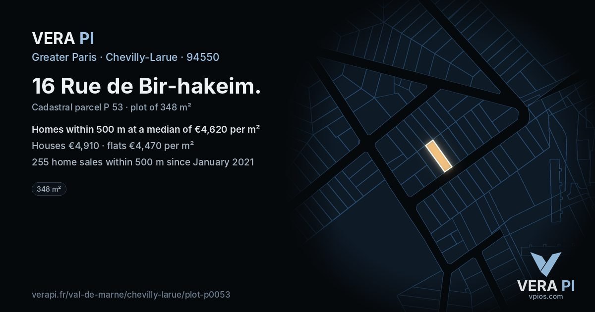16 Rue de Bir-hakeim, Chevilly-Larue at night – the plot lit, the parcels around coloured by the prices near them
