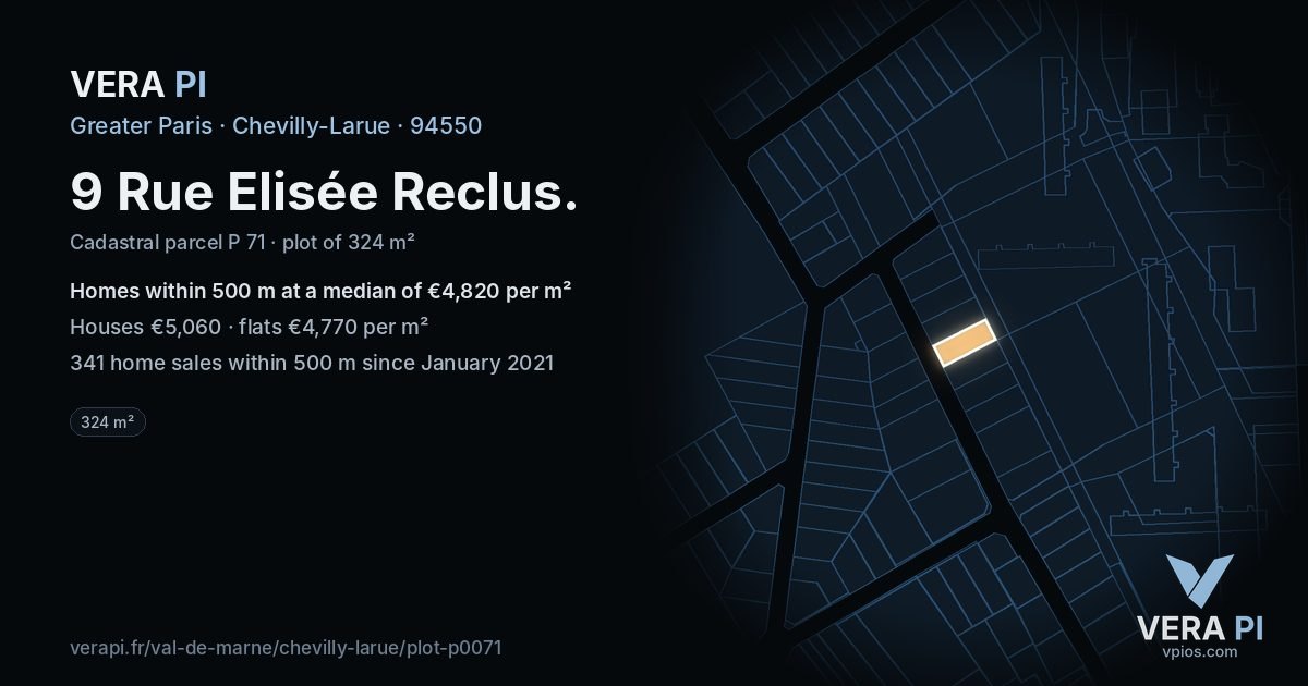 9 Rue Elisée Reclus, Chevilly-Larue at night – the plot lit, the parcels around coloured by the prices near them