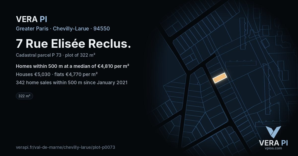 7 Rue Elisée Reclus, Chevilly-Larue at night – the plot lit, the parcels around coloured by the prices near them