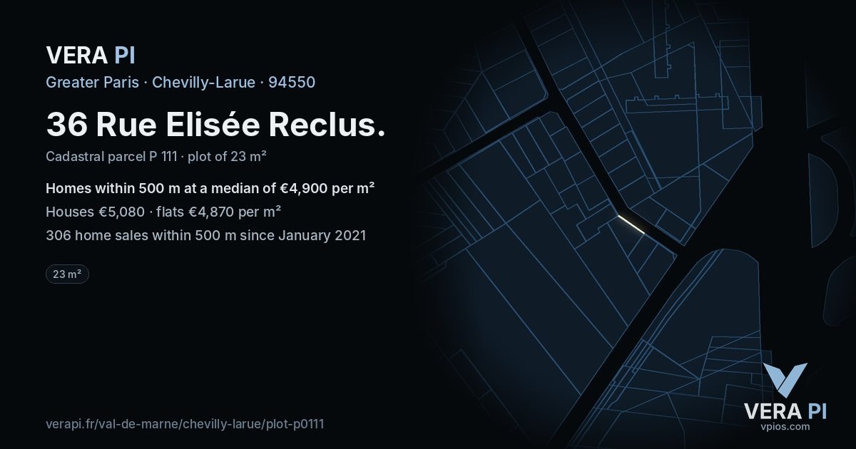 36 Rue Elisée Reclus, Chevilly-Larue at night – the plot lit, the parcels around coloured by the prices near them