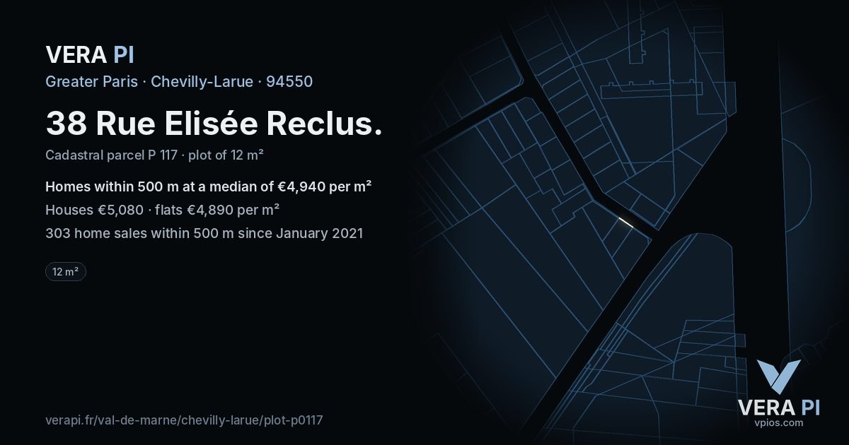 38 Rue Elisée Reclus, Chevilly-Larue at night – the plot lit, the parcels around coloured by the prices near them