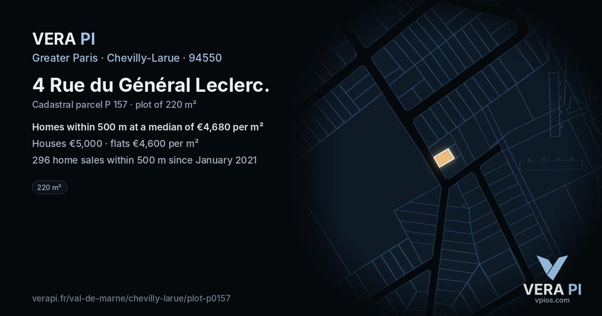 4 Rue du Général Leclerc, Chevilly-Larue at night – the plot lit, the parcels around coloured by the prices near them
