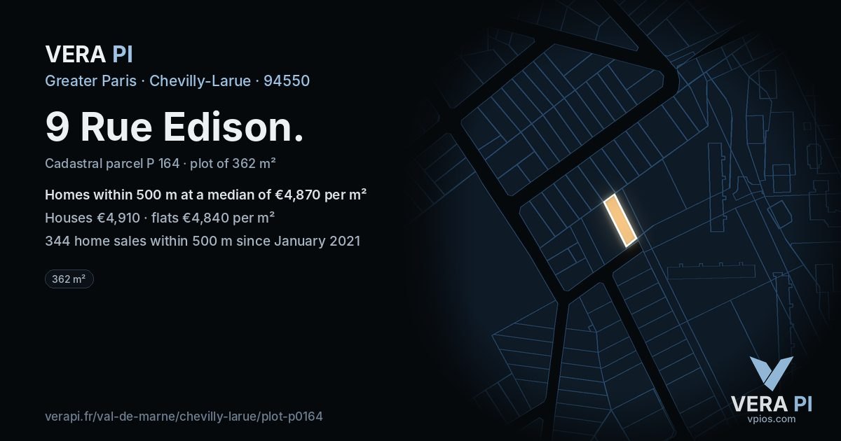 9 Rue Edison, Chevilly-Larue at night – the plot lit, the parcels around coloured by the prices near them