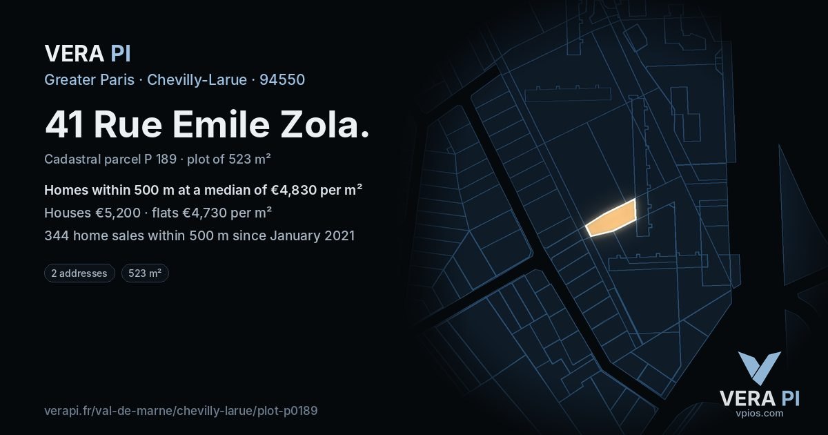 41 Rue Emile Zola, Chevilly-Larue at night – the plot lit, the parcels around coloured by the prices near them