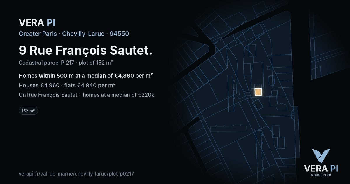 9 Rue François Sautet, Chevilly-Larue at night – the plot lit, the parcels around coloured by the prices near them
