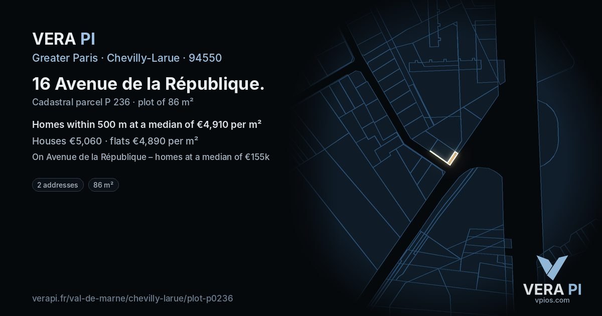 16 Avenue de la République, Chevilly-Larue at night – the plot lit, the parcels around coloured by the prices near them