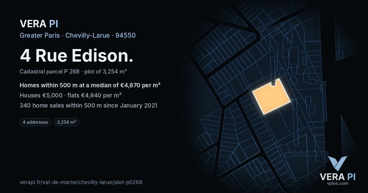 4 Rue Edison, Chevilly-Larue at night – the plot lit, the parcels around coloured by the prices near them