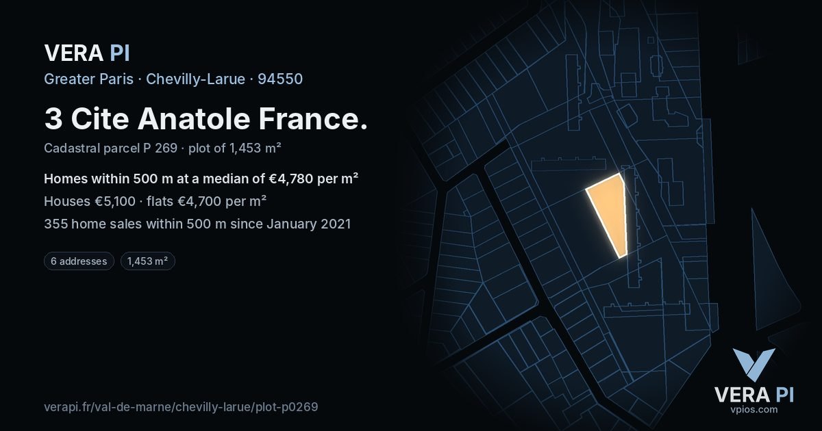 3 Cite Anatole France, Chevilly-Larue at night – the plot lit, the parcels around coloured by the prices near them