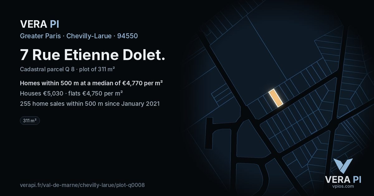 7 Rue Etienne Dolet, Chevilly-Larue at night – the plot lit, the parcels around coloured by the prices near them