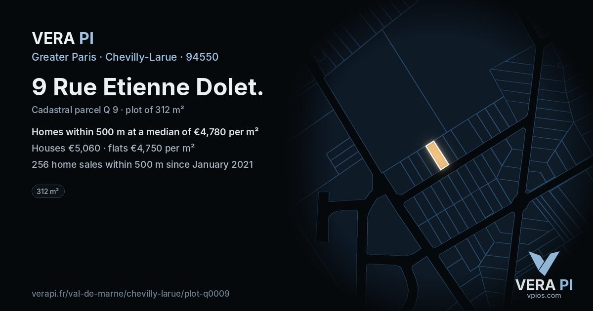 9 Rue Etienne Dolet, Chevilly-Larue at night – the plot lit, the parcels around coloured by the prices near them