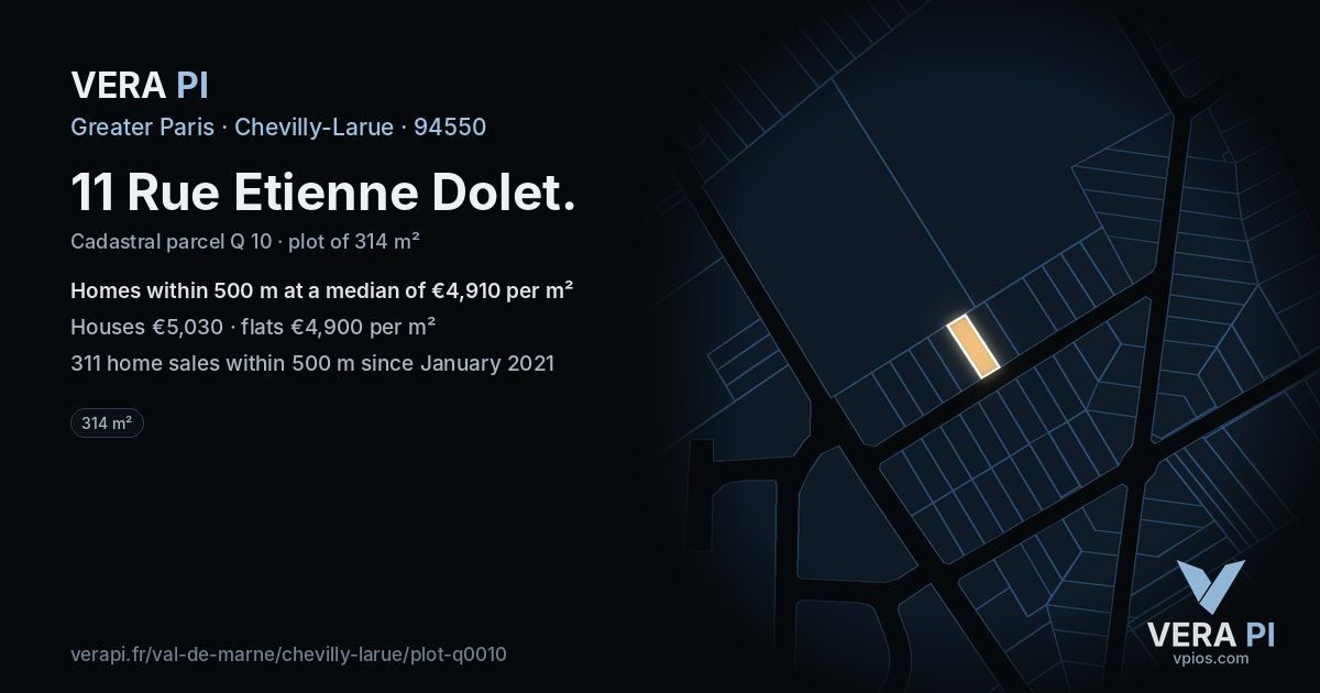 11 Rue Etienne Dolet, Chevilly-Larue at night – the plot lit, the parcels around coloured by the prices near them