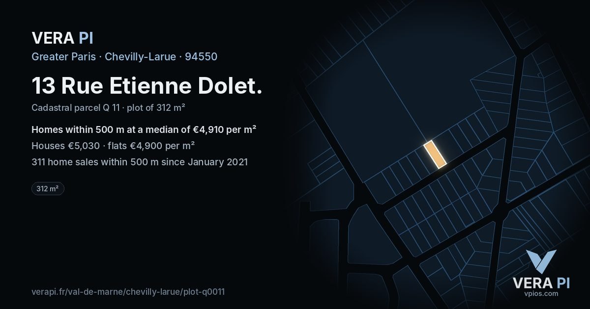 13 Rue Etienne Dolet, Chevilly-Larue at night – the plot lit, the parcels around coloured by the prices near them