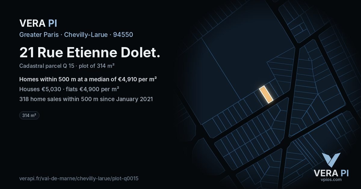 21 Rue Etienne Dolet, Chevilly-Larue at night – the plot lit, the parcels around coloured by the prices near them