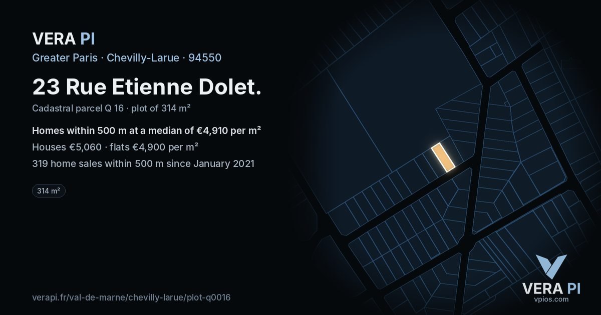 23 Rue Etienne Dolet, Chevilly-Larue at night – the plot lit, the parcels around coloured by the prices near them