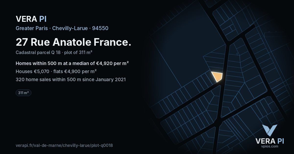 27 Rue Anatole France, Chevilly-Larue at night – the plot lit, the parcels around coloured by the prices near them