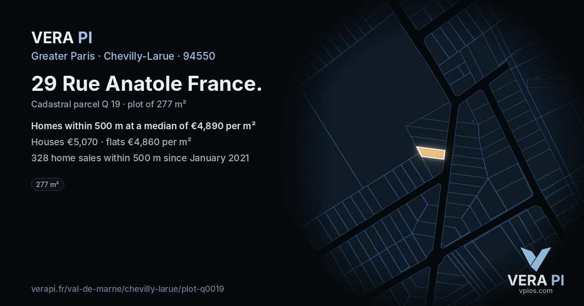 29 Rue Anatole France, Chevilly-Larue at night – the plot lit, the parcels around coloured by the prices near them