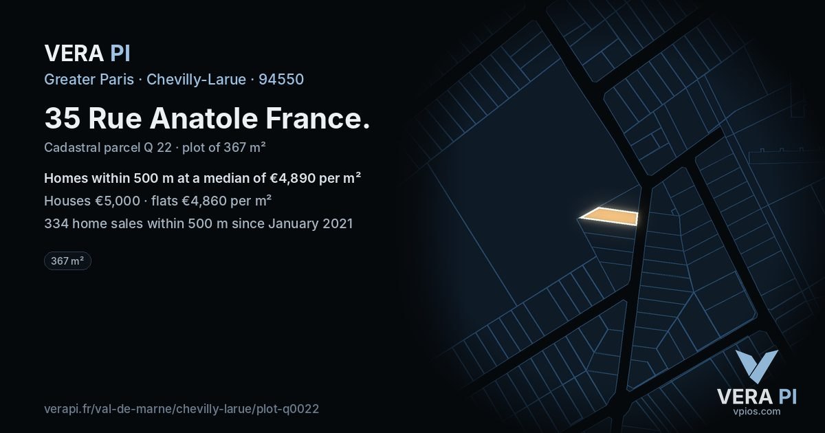 35 Rue Anatole France, Chevilly-Larue at night – the plot lit, the parcels around coloured by the prices near them