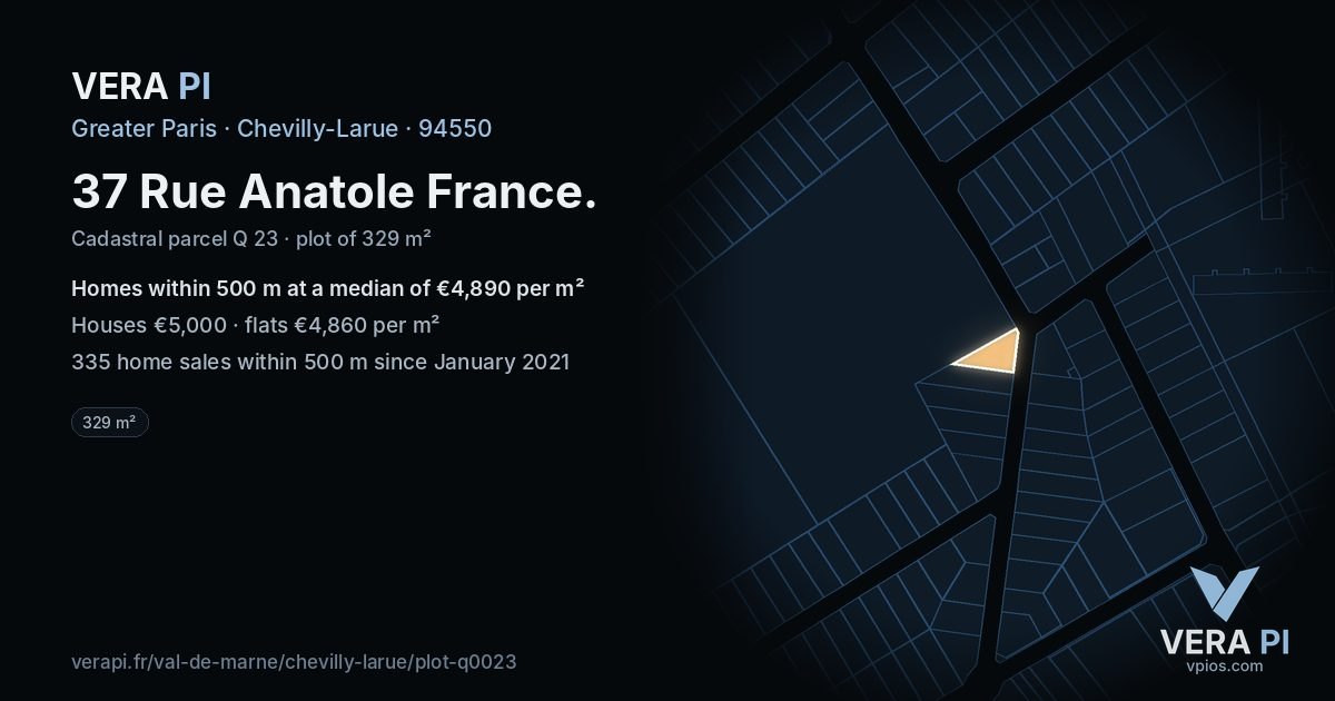 37 Rue Anatole France, Chevilly-Larue at night – the plot lit, the parcels around coloured by the prices near them