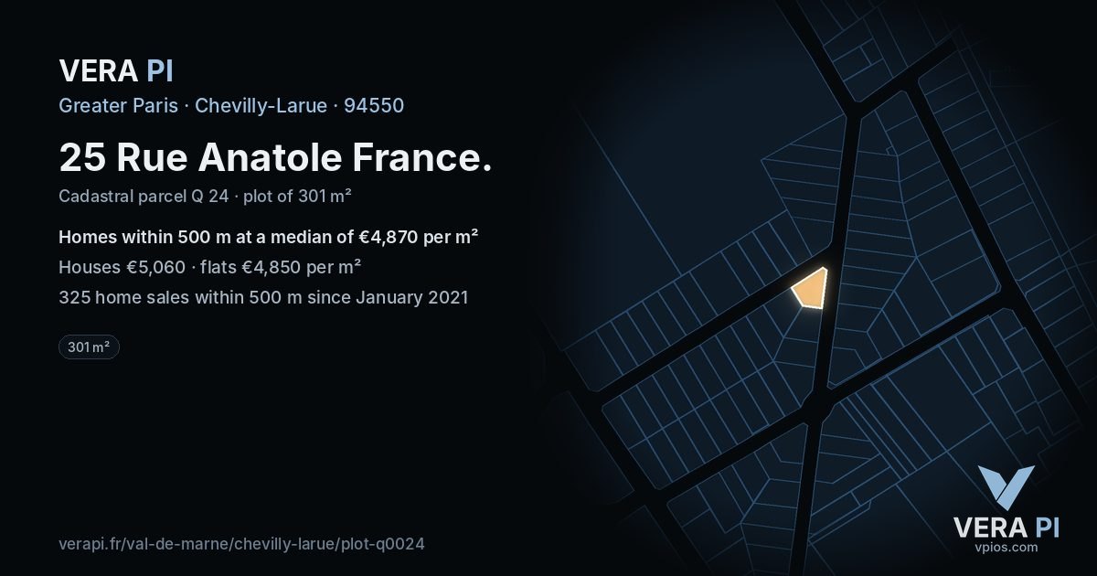 25 Rue Anatole France, Chevilly-Larue at night – the plot lit, the parcels around coloured by the prices near them