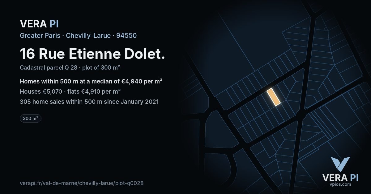 16 Rue Etienne Dolet, Chevilly-Larue at night – the plot lit, the parcels around coloured by the prices near them