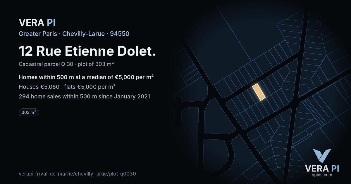 12 Rue Etienne Dolet, Chevilly-Larue at night – the plot lit, the parcels around coloured by the prices near them