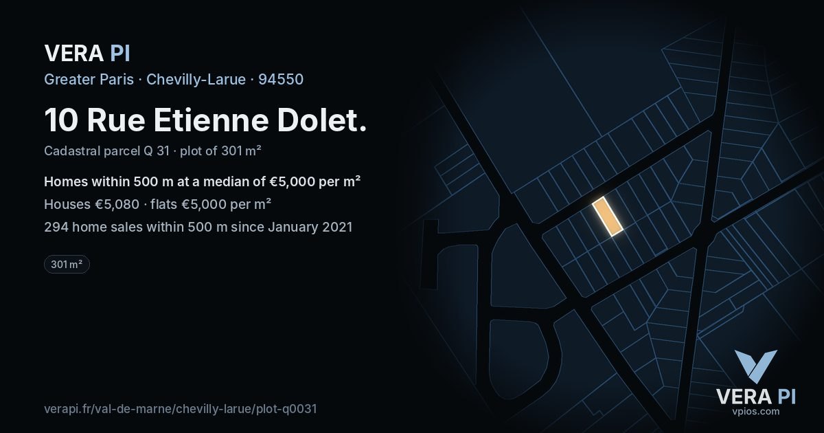 10 Rue Etienne Dolet, Chevilly-Larue at night – the plot lit, the parcels around coloured by the prices near them