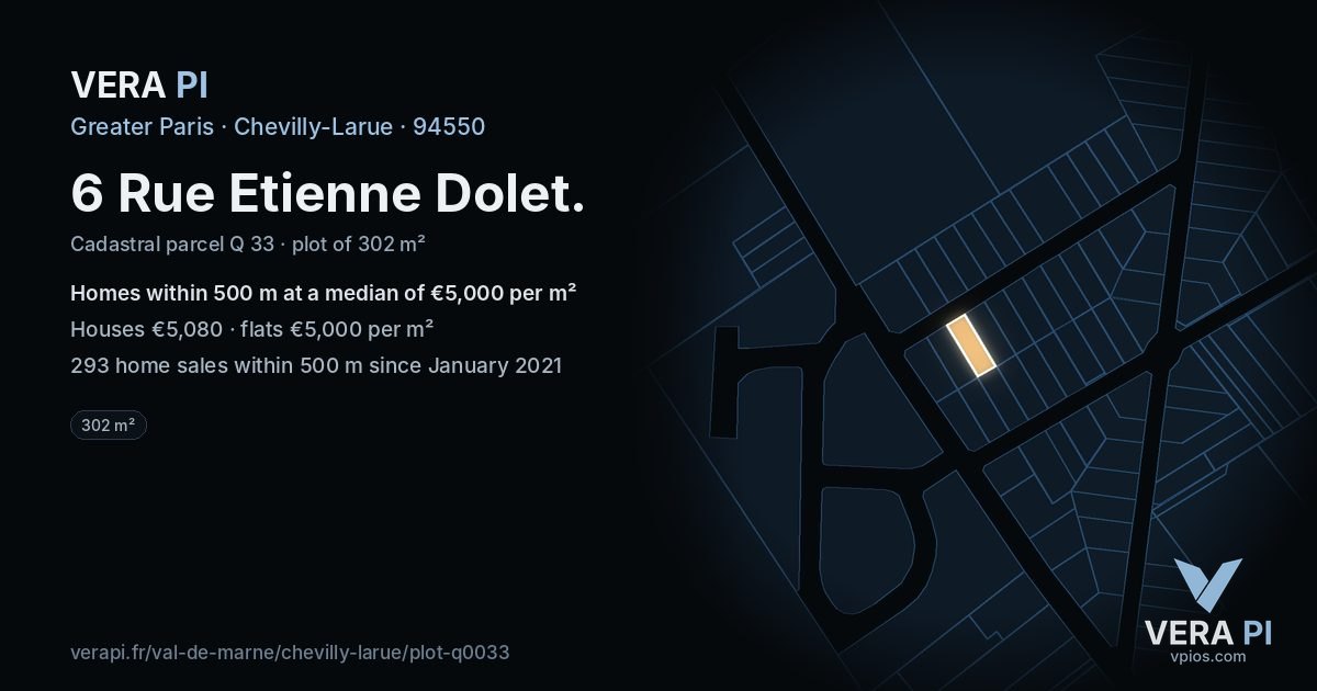 6 Rue Etienne Dolet, Chevilly-Larue at night – the plot lit, the parcels around coloured by the prices near them