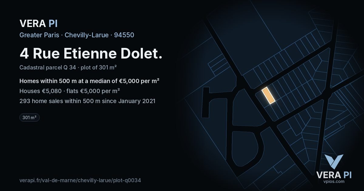 4 Rue Etienne Dolet, Chevilly-Larue at night – the plot lit, the parcels around coloured by the prices near them