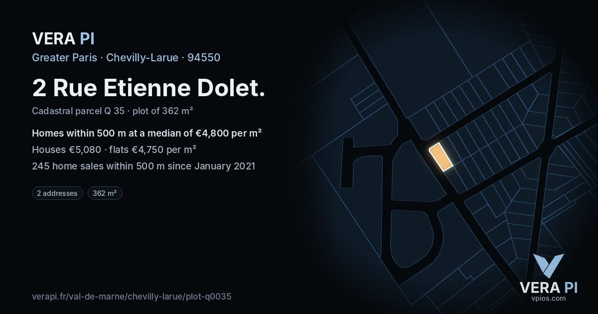 2 Rue Etienne Dolet, Chevilly-Larue at night – the plot lit, the parcels around coloured by the prices near them