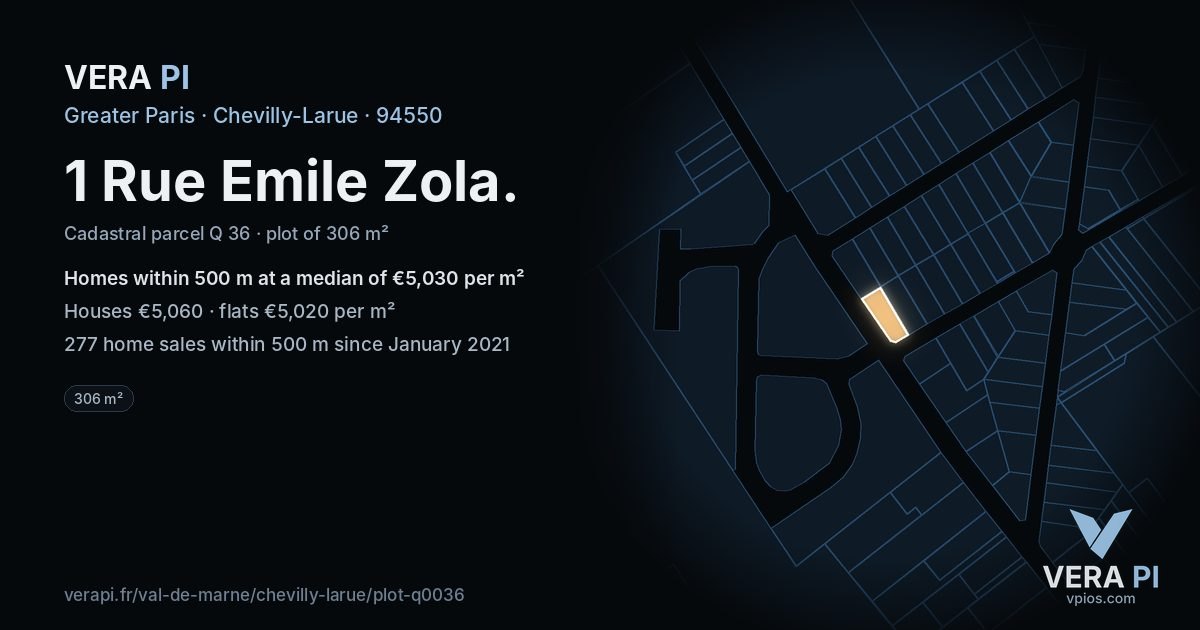 1 Rue Emile Zola, Chevilly-Larue at night – the plot lit, the parcels around coloured by the prices near them