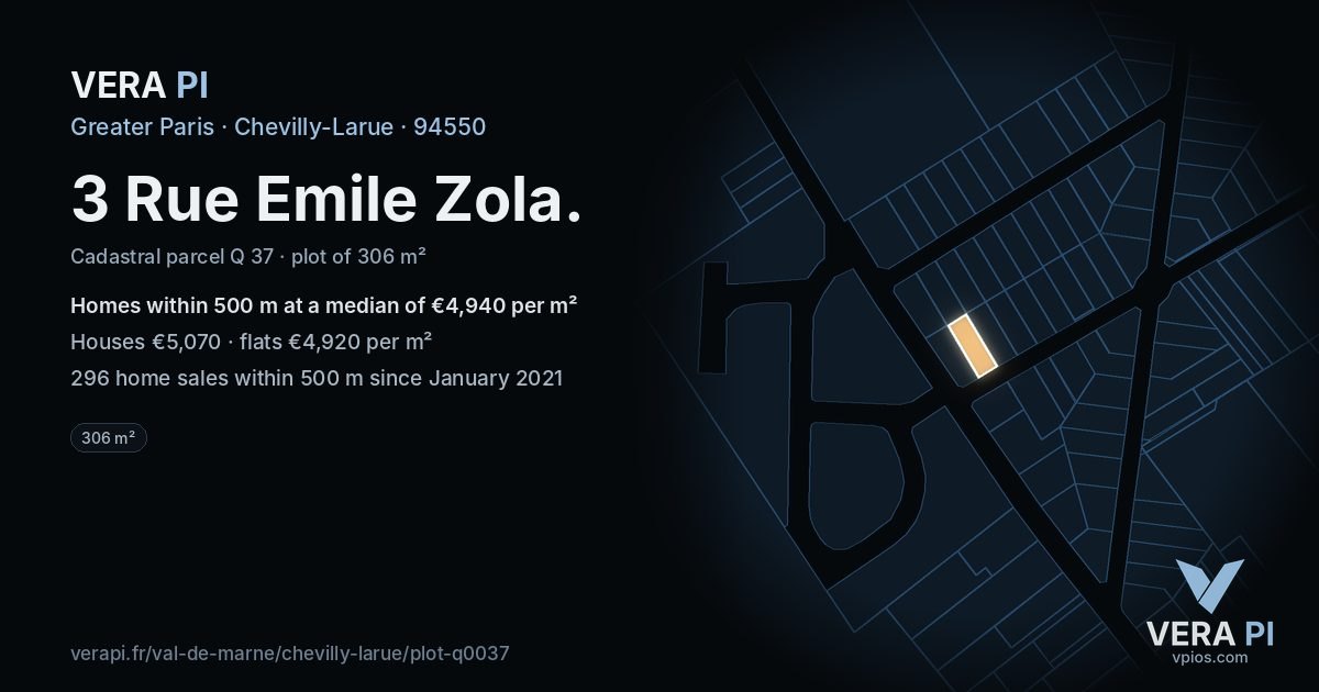 3 Rue Emile Zola, Chevilly-Larue at night – the plot lit, the parcels around coloured by the prices near them