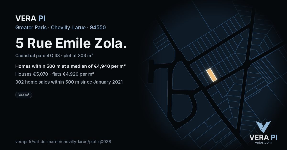 5 Rue Emile Zola, Chevilly-Larue at night – the plot lit, the parcels around coloured by the prices near them