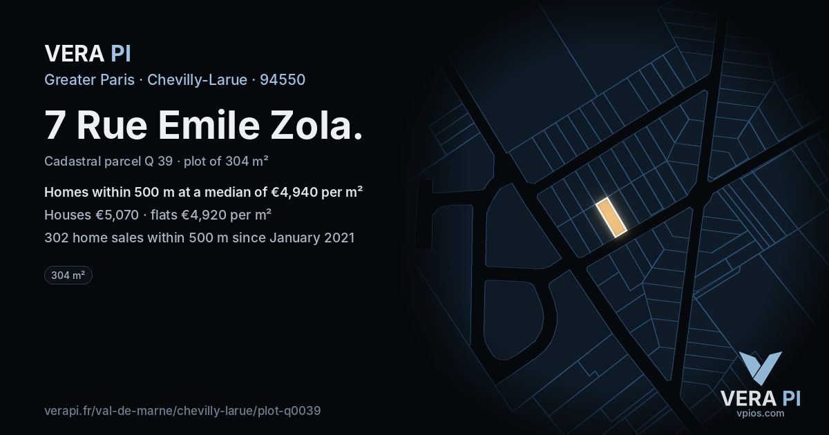 7 Rue Emile Zola, Chevilly-Larue at night – the plot lit, the parcels around coloured by the prices near them
